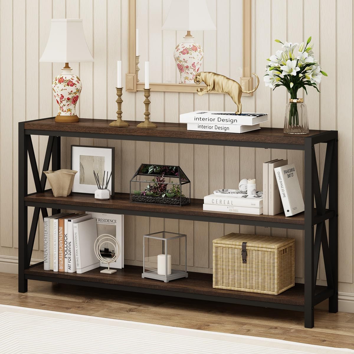FATORRI Console Table for Entryway, Modern Entry Hallway Table with 3 Tier Shelves, Couch Tables Behind Sofa for Living Room, 55 Inch, Dark Walnut