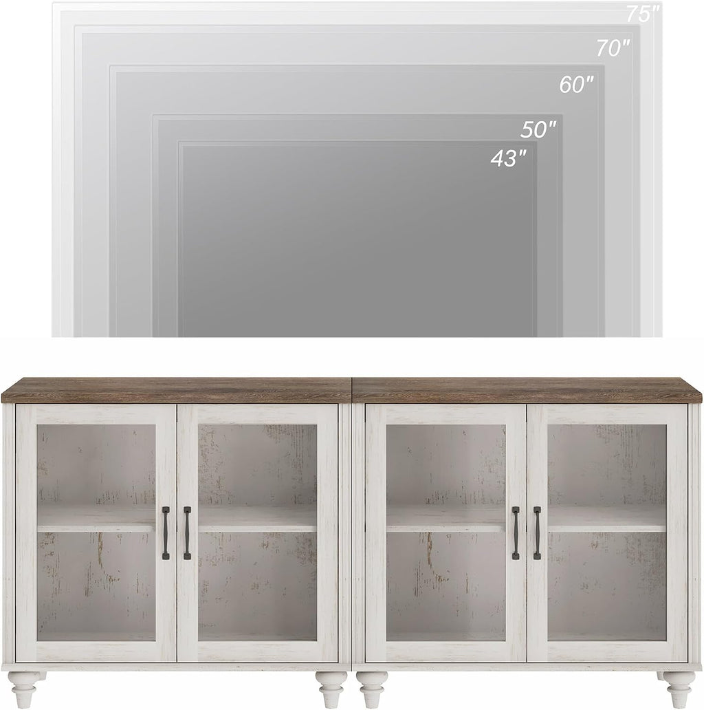 WAMPAT Farmhouse TV Stand for TVs Up to 75 inch, Glass Wooden Universal TV Stand with 2 Storage Cabinets, Entertainment Center, Console Table for Living Room, Bedroom, Rustic White
