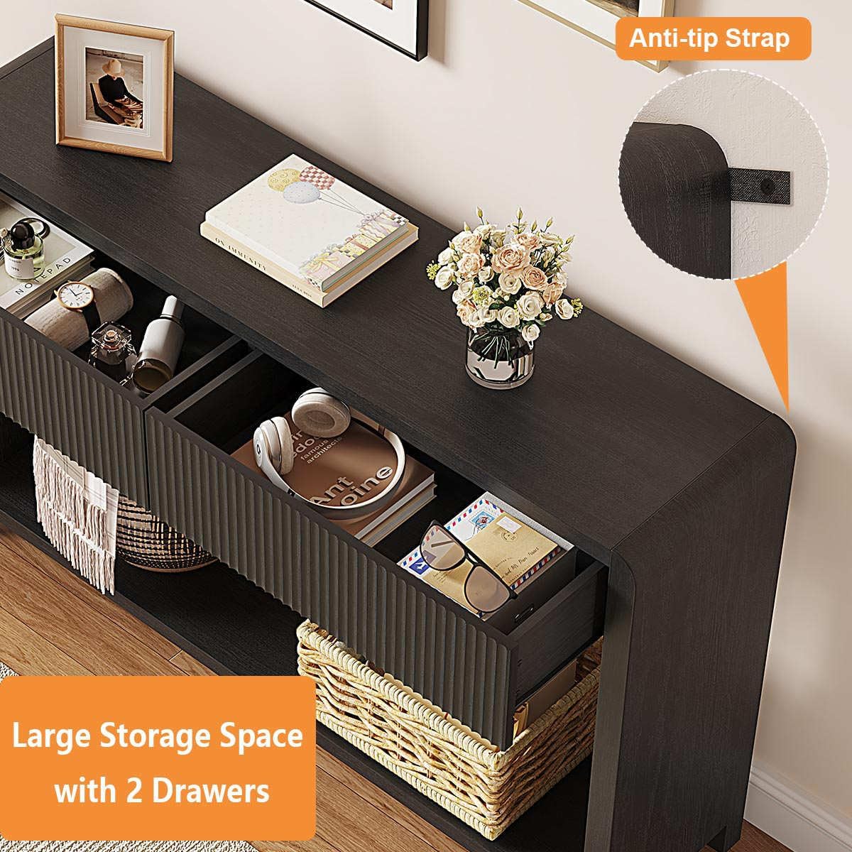 FATORRI Console Table for Entryway, Modern Sofa Table with 2 Drawers for Living Room, Wood Hallway Tables and Couch Tables Behind Sofa (47.2 inch, Black)