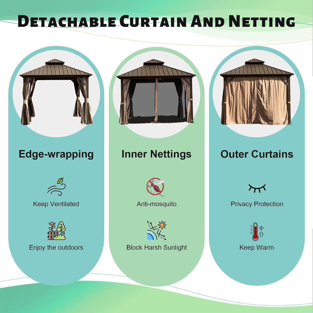 Domi 10'x10' Hardtop Gazebo, Outdoor Metal Gazebo with Galvanized Steel Double Roof, Curtains & Netting, Permanent Pavilion for Patio, Backyard, Party, Outdoor Dining, Brown