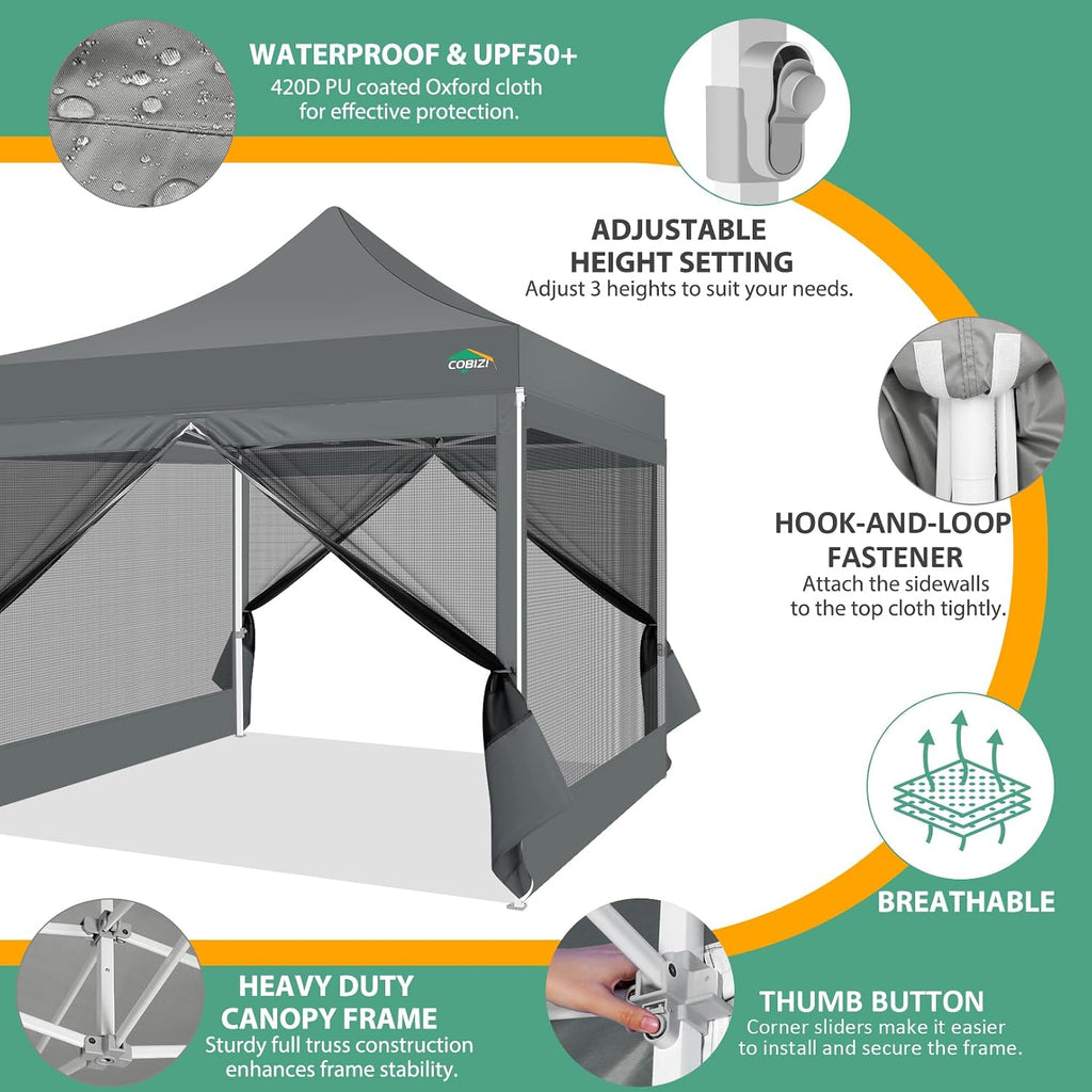 COBIZI 10x10 Canopy Tent with 4 Sidewalls,Heavy Duty Pop up Canopy with Mosquito Netting,Easy up Screen Tent for Parties Wedding Outdoor Camping with Handbag,Gray