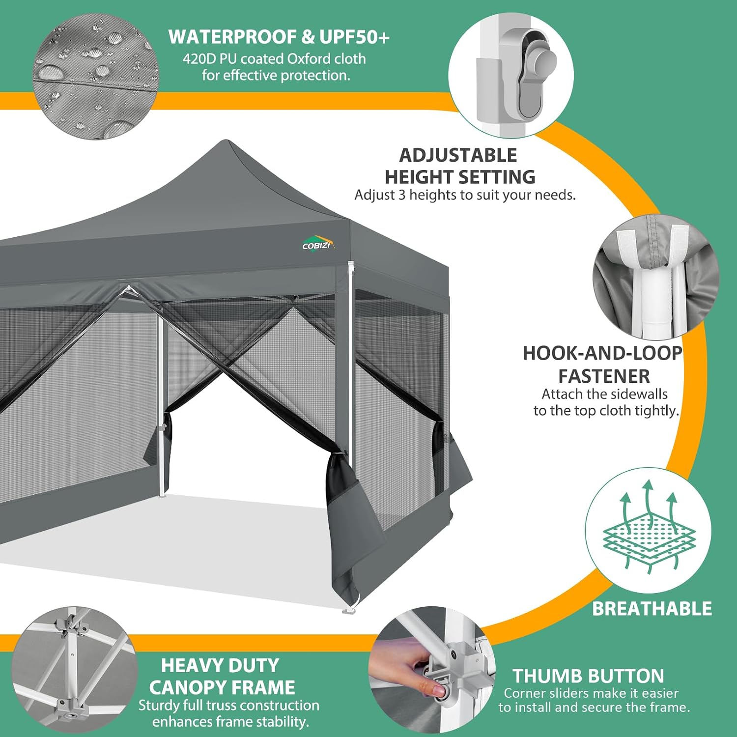 COBIZI 10x10 Canopy Tent with 4 Sidewalls,Heavy Duty Pop up Canopy with Mosquito Netting,Easy up Screen Tent for Parties Wedding Outdoor Camping with Handbag,Gray
