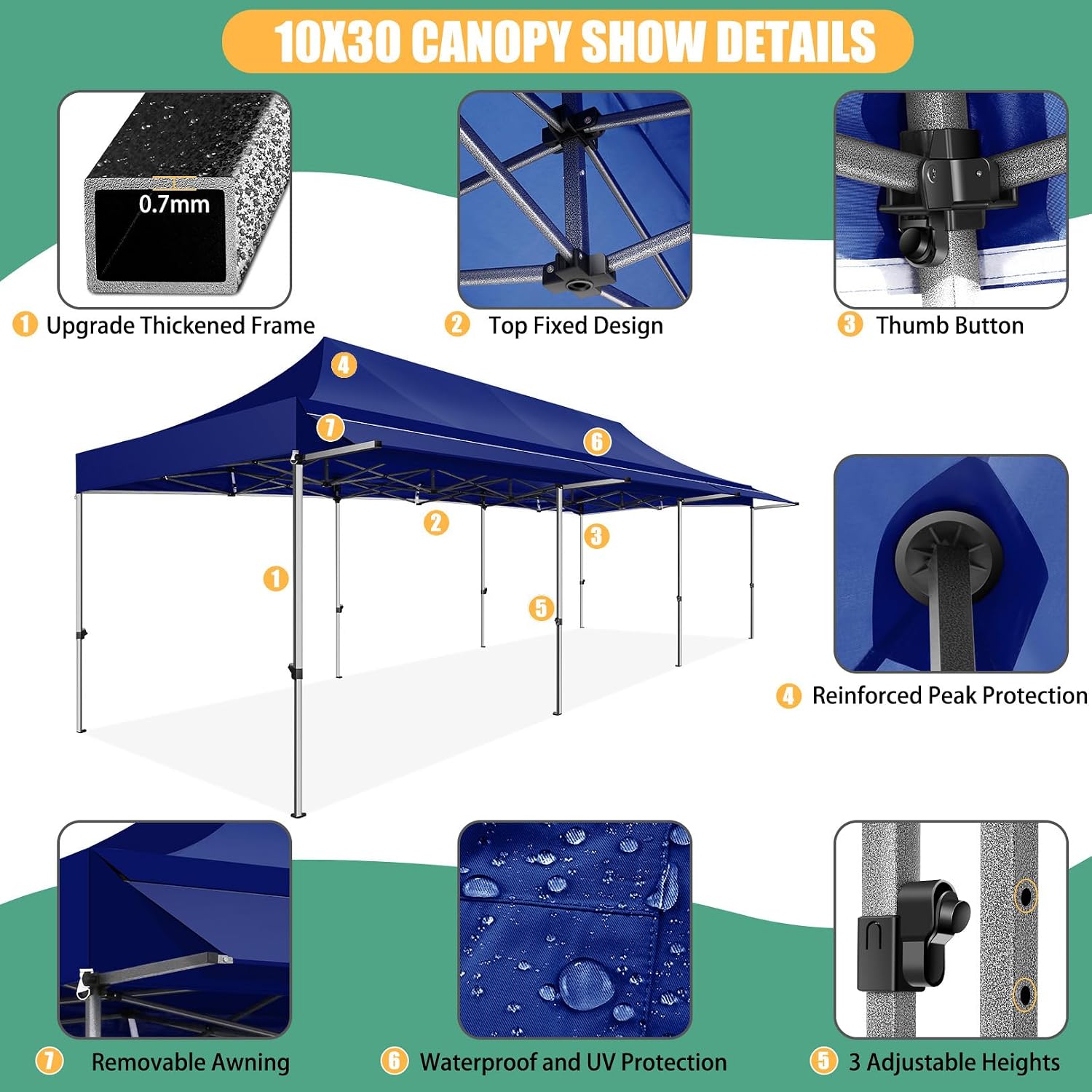 COBIZI 10x30 Pop Up Canopy Tent with Awning,Heavy Duty Canopy UPF 50+ All Season Wind Waterproof Commercial Outdoor Street Vendors Party Tents for Parties Canopy with Roller Bag(10 x 30 ft Dark Blue)