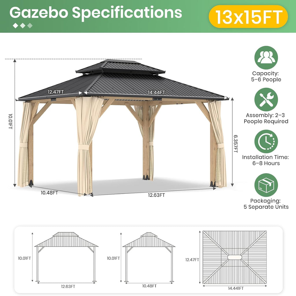 LVUYOYO 13' x 15' Wood Gazebo, Outdoor Hardtop Gazebo, Double Galvanized Steel Roof Gazebos Pergola with Curtains and Nettings, Wooden Pavilion for Patio, Backyard, Deck, Garden