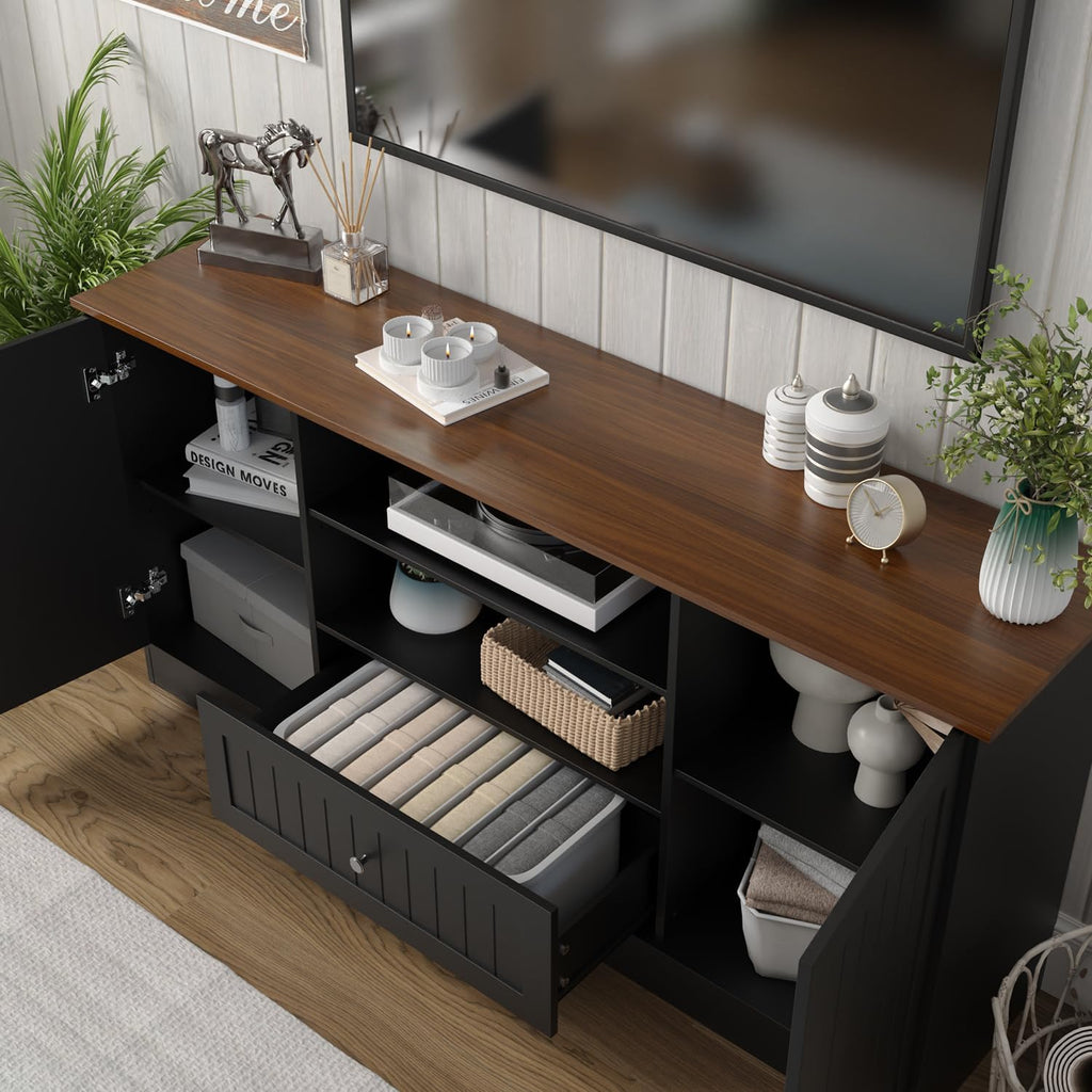 Furnify Farmhouse TV Stand for TVs up to 70 Inch, 63 Inch Entertainment Center with Storage Drawer and Open Shelves, Modern Media Console for Living Room, Bedroom, Black