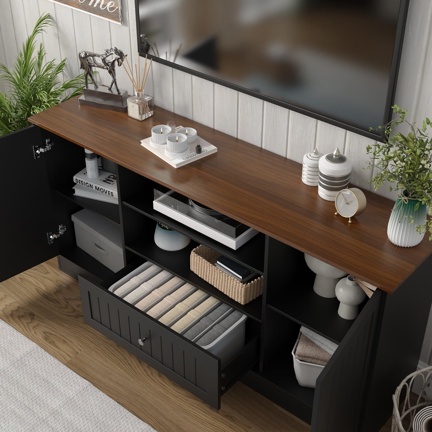 Furnify Farmhouse TV Stand for TVs up to 70 Inch, 63 Inch Entertainment Center with Storage Drawer and Open Shelves, Modern Media Console for Living Room, Bedroom, Black