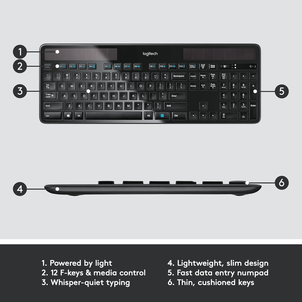 Logitech K750 Wireless Solar Keyboard for Windows, 2.4GHz Wireless with USB Unifying Receiver, Ultra-Thin, Compatible with PC, Laptop - Black