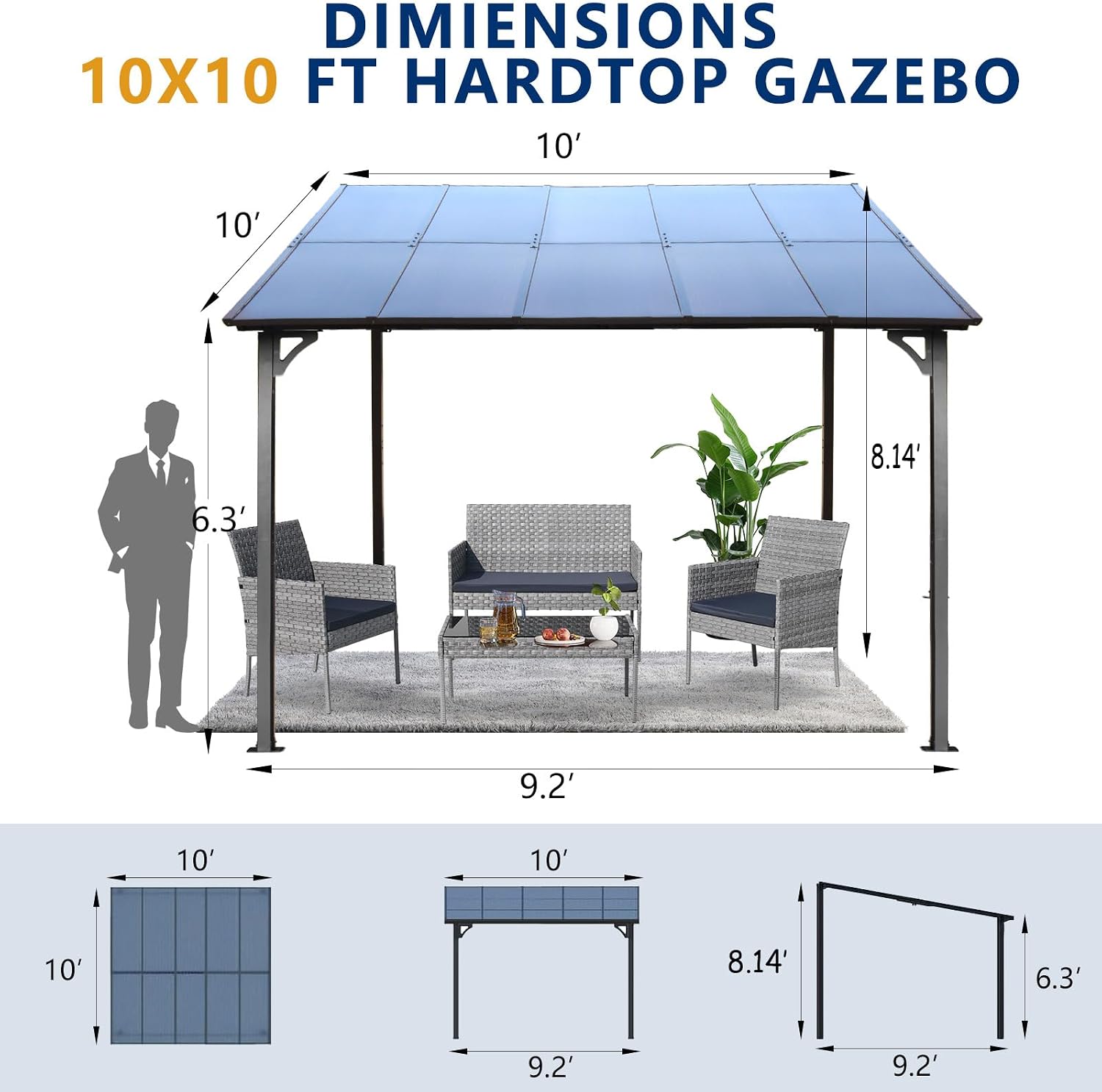 10' x 10' Gazebo, Wall Mounted Gazebos Pergola on Clearance, Outdoor Patio Lean to Gazebo Awnings for Deck, Porch, Backyard and More