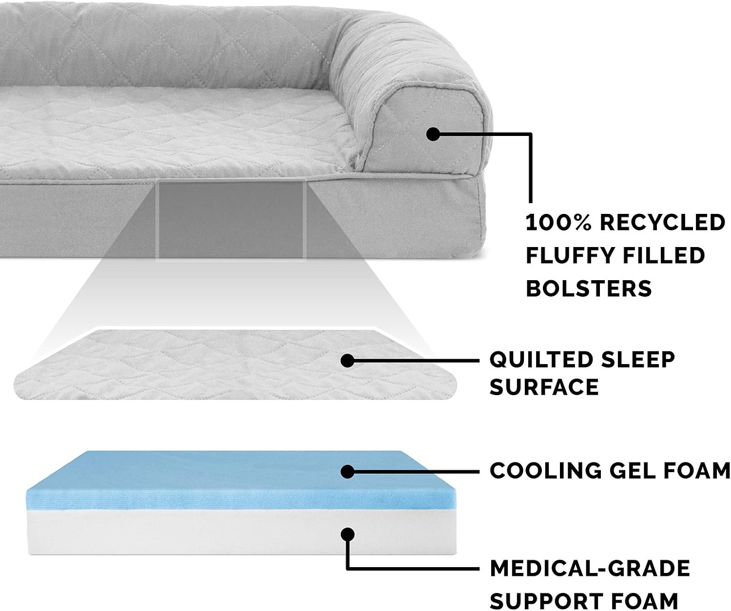 Furhaven Cooling Gel Dog Bed for Large Dogs w/ Removable Bolsters & Washable Cover, For Dogs Up to 125 lbs - Quilted Sofa - Silver Gray, Jumbo Plus/XXL