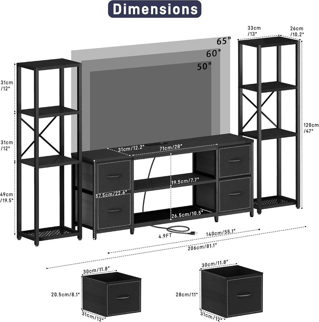 Yenlure LED TV Stand Bookshelf Combo with Charging Station for 65 60 55 Inch TV, Entertainment Center with Lights & Drawers, Industrial Media TV Console Table for Living Room Bedroom Office, Black