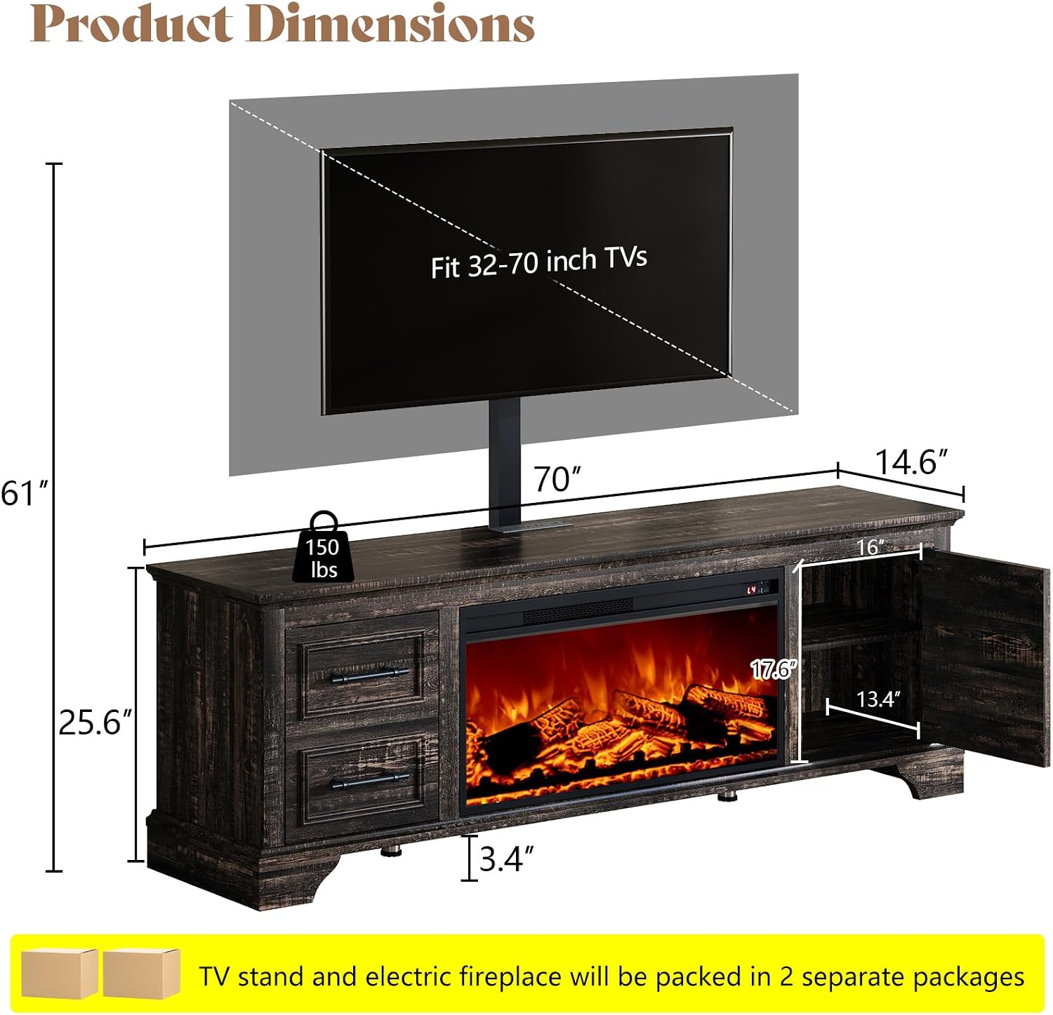 AMERLIFE 70' Fireplace TV Stand with Mount, Farmhouse Entertainment Center with 30' Electric Fireplace & Power Outlets for 32 to 70 inch TVs, Black Oak