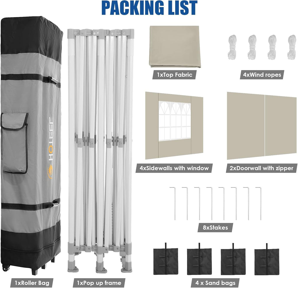 HOTEEL 10x20 Pop up Canopy Tent for Parties, Heavy Duty Easy Setup Tent with 6 Sidewalls, Outdoor Commercial Instant Gazebo for Wedding Event, with Roller Bag & Sand Bags, Khaki(Hexagonal Frame)