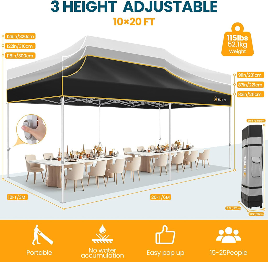 Hoteel 10x20 Pop Up Canopy Tent Heavy Duty with 6 Sidewalls, Waterproof Party Tent, Easy Set-up Commercial Instant Tents with Roller Bag & Sandbags, Hexagonal Leg (1-Year Warranty)