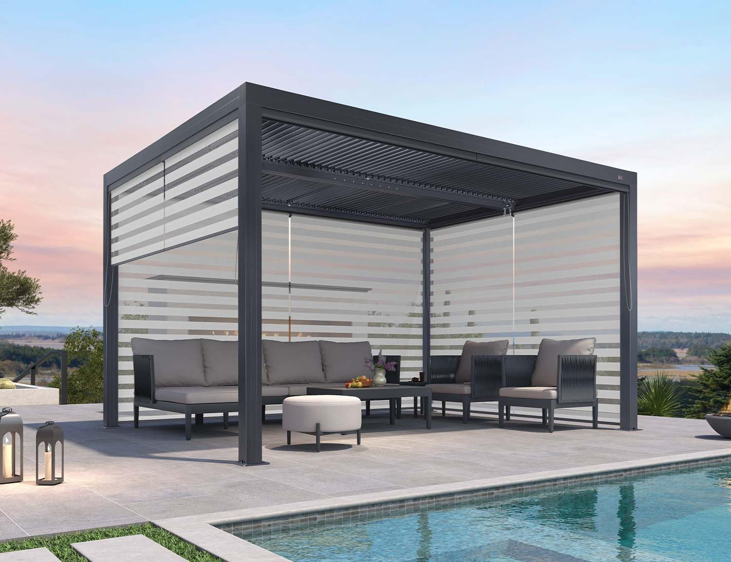 PURPLE LEAF Louvered Pergola 94AS 11' x 13' Outdoor Aluminum Pergola with Shade Screen Adjustable Roof for Deck Backyard Grey Hardtop Gazebo, 1 Long Side and 2 Short Sides