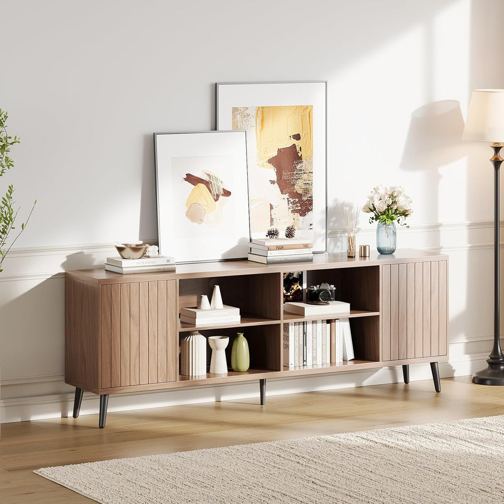 70' Fluted TV Stand for Living Room , Mid Century Modern Television Stand with Open Storage Shelves for Up to 75 Inch TVs, Entertainment Center Media Console TV Cabinet with Adjustable Shelves