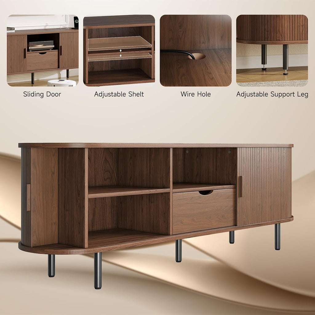 63' Mid-Century TV Stand with Power Outlet, Fluted Entertainment Center with Storage and Drawer, TV Console with Sliding Door and Adjustable Shelves, TV Stand up to 80' for Living Room, Walnut