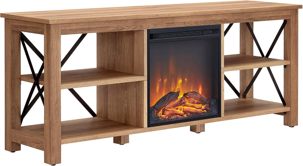 Henn&Hart Rectangular TV Stand with Log Fireplace for TV's up to 65' in Golden Brown, TV Stands for the Living Room