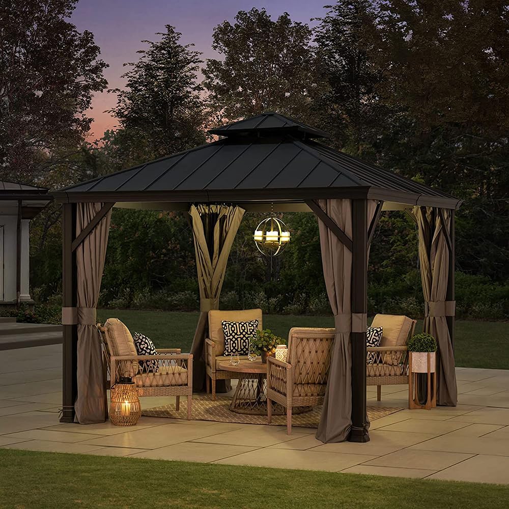 Sunjoy 10 ft. x 10 ft. Hardtop Gazebo, Outdoor Aluminum Frame, 2-Tier Steel Hardtop Backyard Gazebo with Netting, Curtain and Ceiling Hook by SummerCove