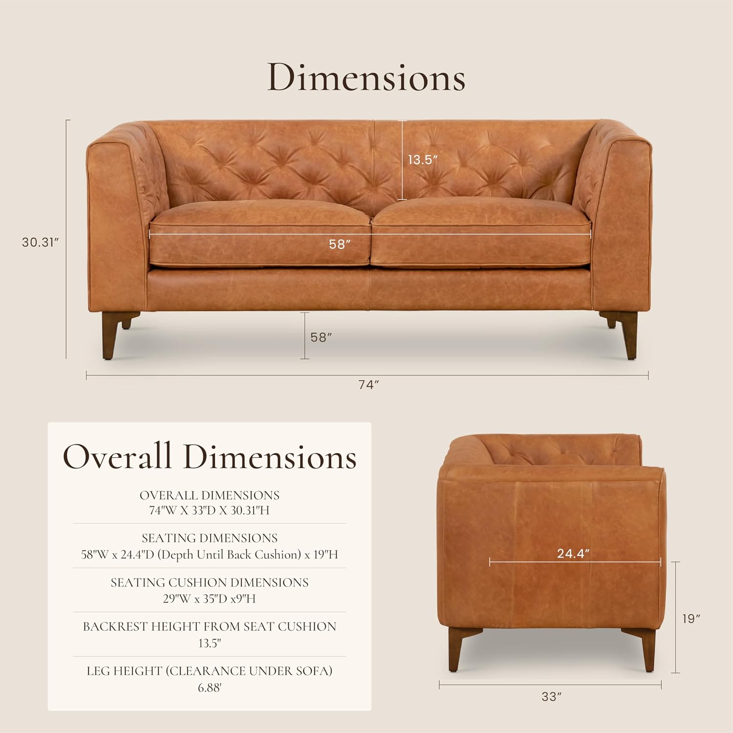 Poly & BARK Essex 74' Leather Apartment Sofa – Mid-Century Tufted Design, Full-Grain Italian Leather, Feather-Down Cushions, Cognac Tan