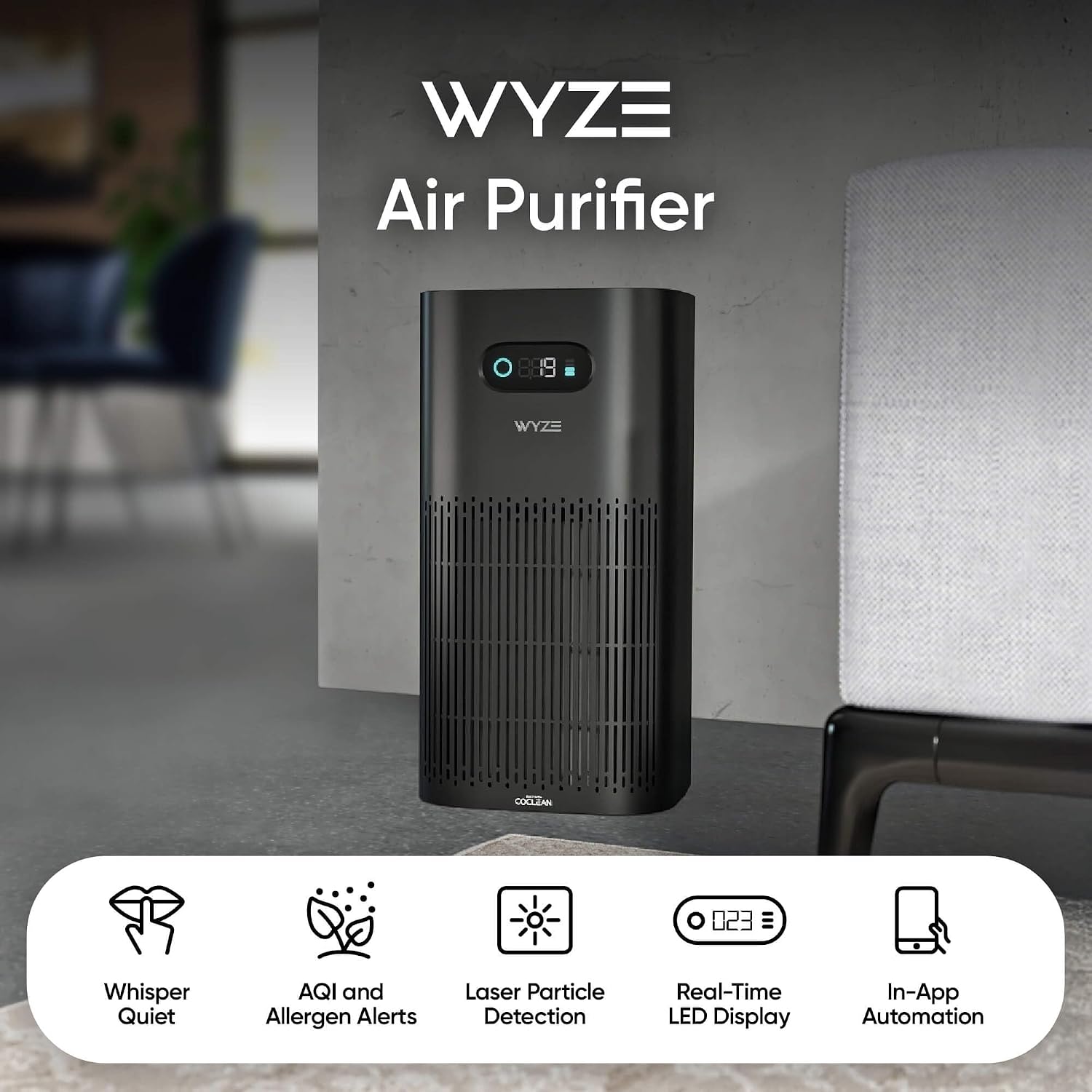 Wyze Air Purifier with Formaldehyde Filter (Premium), for Home, 21db Quiet, HEPA 13, Elimination of common pollutants, Remove formaldehyde, Odors, Smoke, Pollen, Dust, Smart WiFi Alexa Google, Black