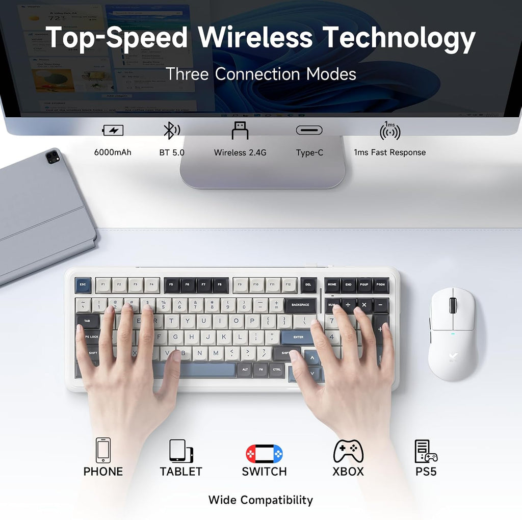 MCHOSE K99 Wireless Mechanical Keyboard, Tri-Mode Connection Gaming Keyboard, Hot Swappable Custom Gasket Structure, Pre-lubed Linear Switches, Double Shot PBT Keycaps RGB LED Backlit Navy Blue