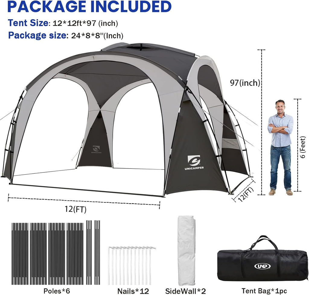 UNICAMPER Beach Tent 12 X 12ft Large UPF50+ Pop Up Canopy with 2-Pcs Side Wall