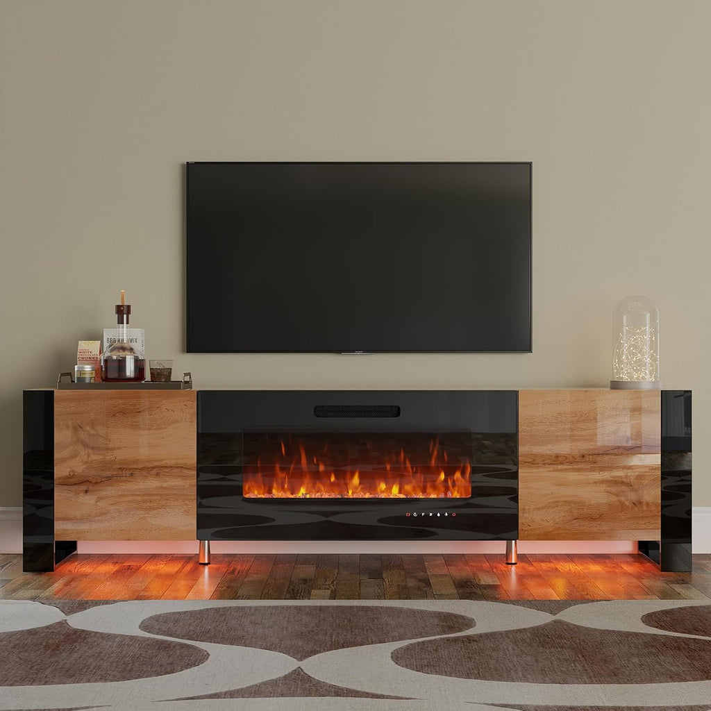 VanAcc 70' Fireplace TV Stand with 36' Electric Fireplace, High Gloss Entertainment Center with LED Lights, Modern Entertainment Stand for TVs up to 80', Rustic Oak&Black