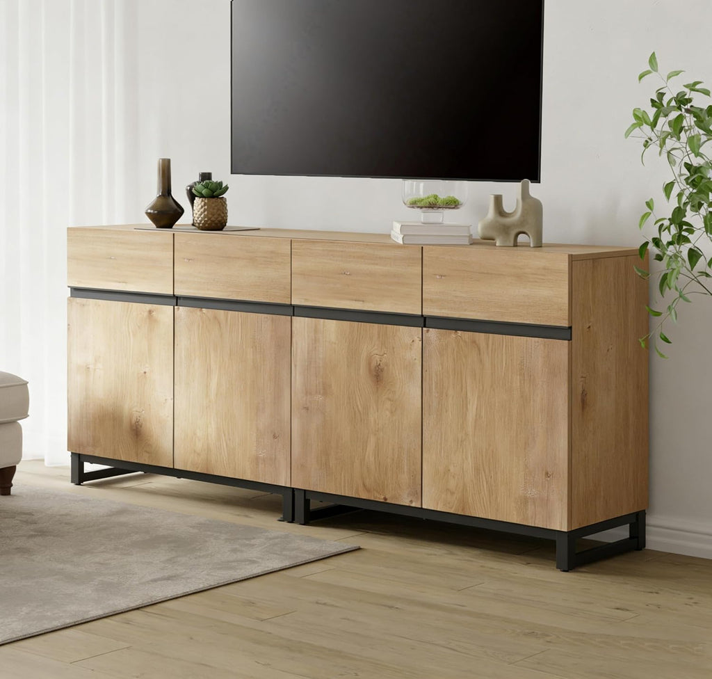 WAMPAT Modern TV Stand for TVs Up to 70 Inch, 2-in-1 Entertainment Center with Adjustable Shelves & Metal Base, Media Console for Living Room or Bedroom, Oak