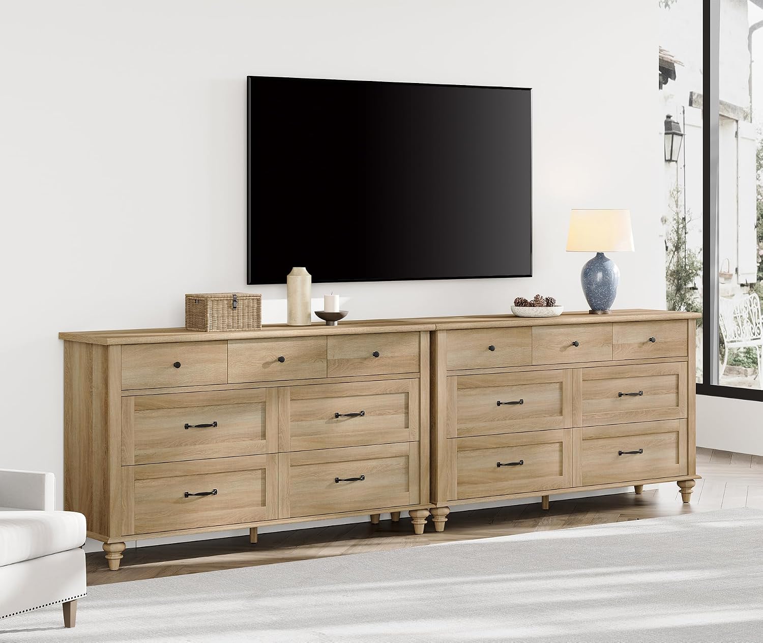 Wampat Large TV Stand for 100 Inch TV, Set of 2 Console Table with 14 Drawers, Wide Media Storage Dresser for Living Room, Oak, 108 Inch