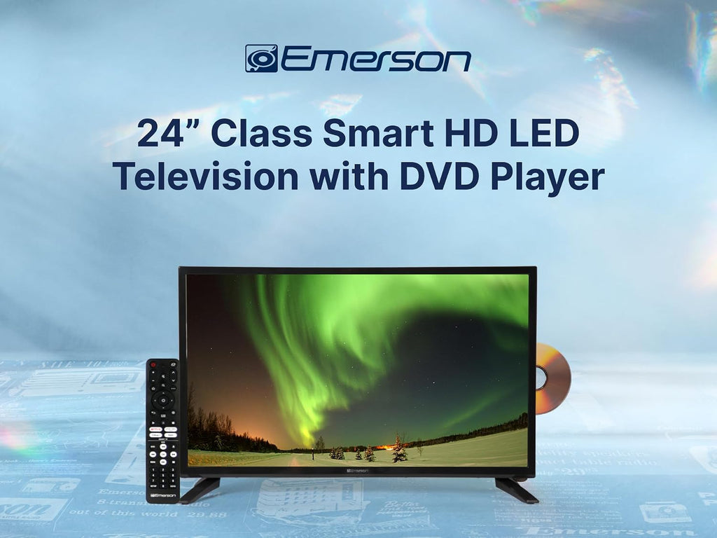 Emerson ESTD-2400 24' Class HD Smart TV with Built-in DVD Player | 720p LED Display, Wi-Fi Streaming, HDMI, USB & RCA Inputs | Space-Saving Design, Wall Mountable, Includes Remote Control