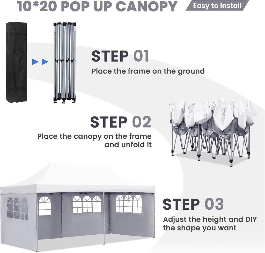 GDY 10'x20' Pop Up Canopy, Folding Party Tent with 4-Panel Removable Sidewalls, Heavy Duty Outdoor Commercial Instant Gazebo with Wheeled Bag, White.