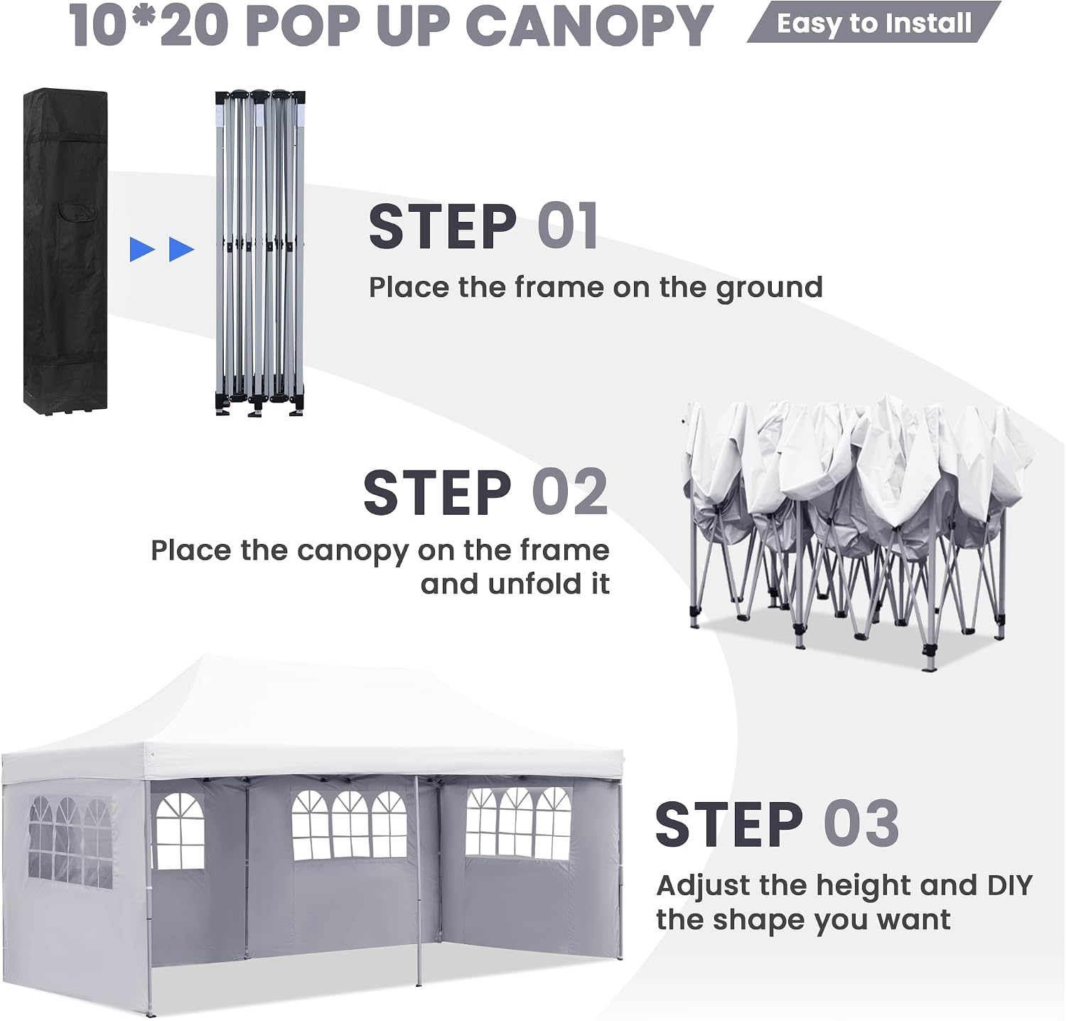 GDY 10'x20' Pop Up Canopy, Folding Party Tent with 4-Panel Removable Sidewalls, Heavy Duty Outdoor Commercial Instant Gazebo with Wheeled Bag, White.