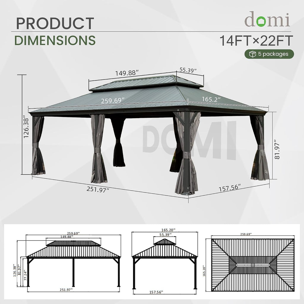 Domi 14' X 22' Hardtop Gazebo, Upgraded Metal Gazebo with Dual-Layer Resin Roof, Drainage System, Curtain and Netting, Outdoor Shelter Canopy for Patio, Garden, and Backyard, Grey