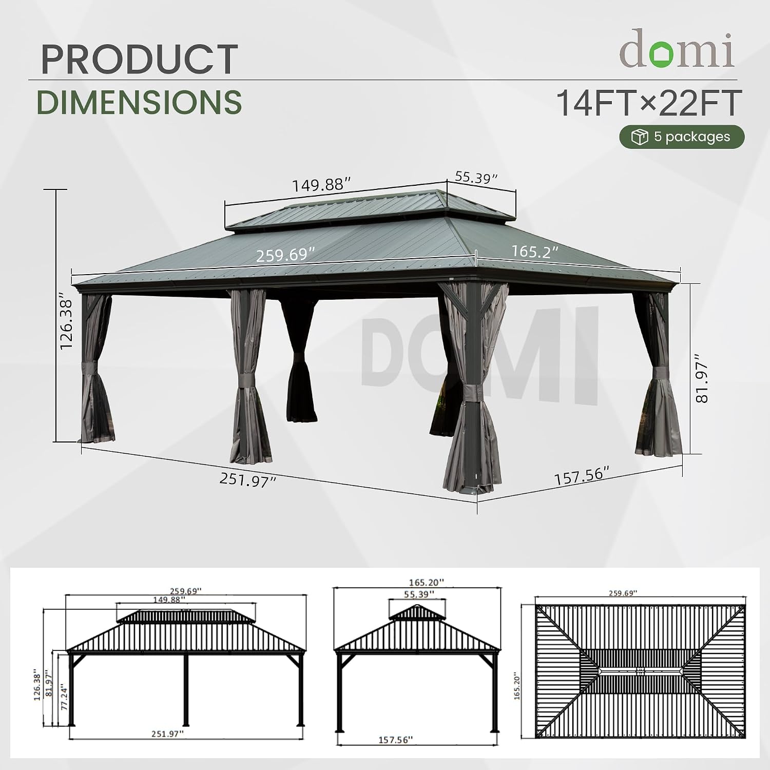 Domi 14' X 22' Hardtop Gazebo, Upgraded Metal Gazebo with Dual-Layer Resin Roof, Drainage System, Curtain and Netting, Outdoor Shelter Canopy for Patio, Garden, and Backyard, Grey