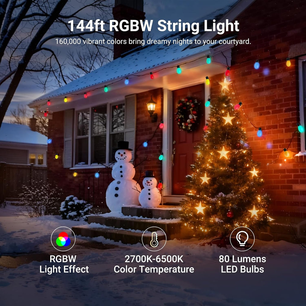 NEEWER 144ft Outdoor String Lights, App Control Smart AI RGBW Dimmable Patio Balcony Backyard Outside Hanging Lighting, IP65 Waterproof, 45 LED Bulbs, 50+ Scenes, Compatible with Alexa Google, NR01