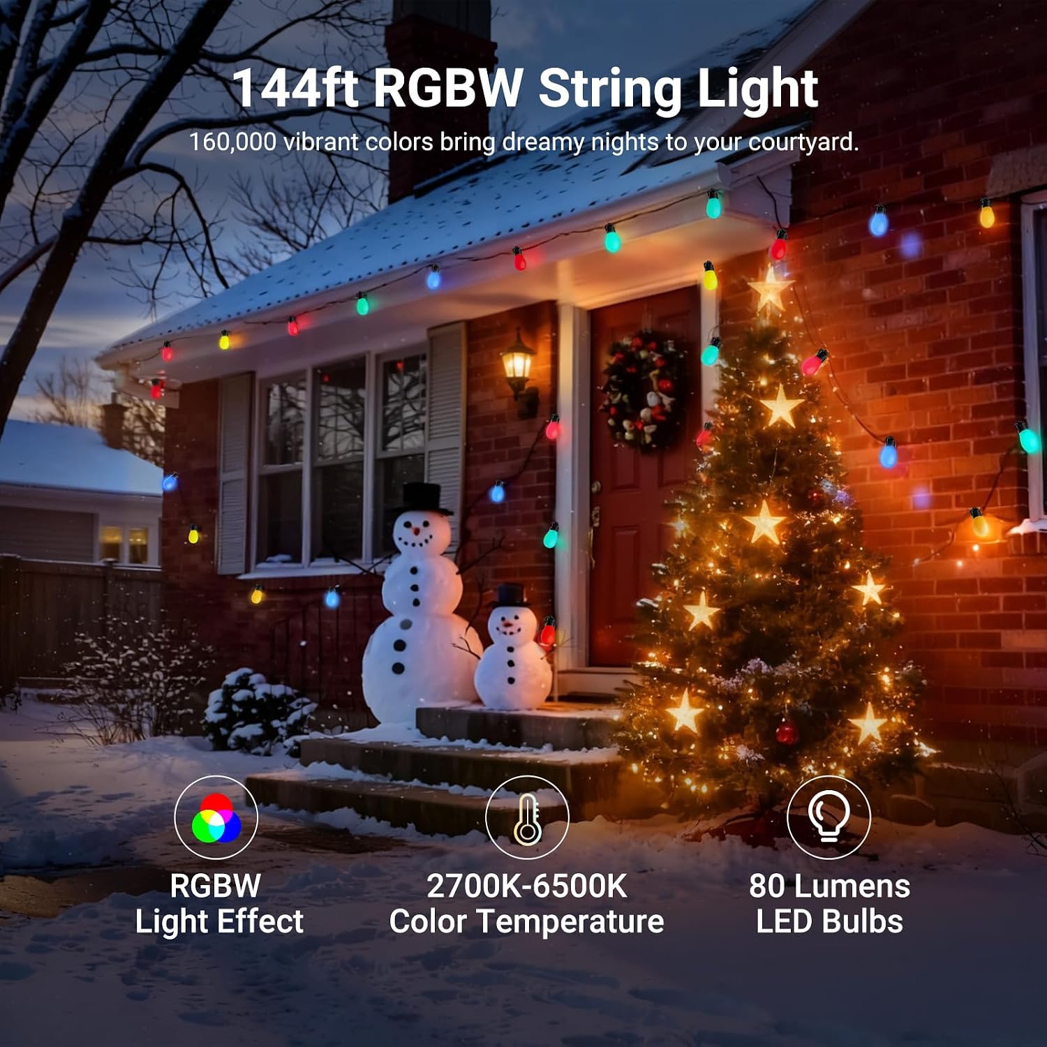 NEEWER 144ft Outdoor String Lights, App Control Smart AI RGBW Dimmable Patio Balcony Backyard Outside Hanging Lighting, IP65 Waterproof, 45 LED Bulbs, 50+ Scenes, Compatible with Alexa Google, NR01