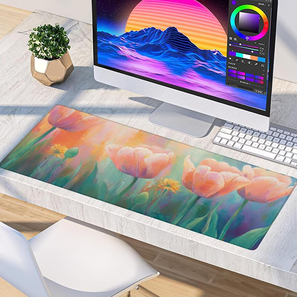 Flower Mouse Pad, Gaming Mouse Pad 60x32in, Desk Mat with Stitched Edges, Large Mousepad Waterproof, Gaming Accessories Keyboard Mat, Office Desk Accessories, for Gamer Computer Office, Pink N-6061