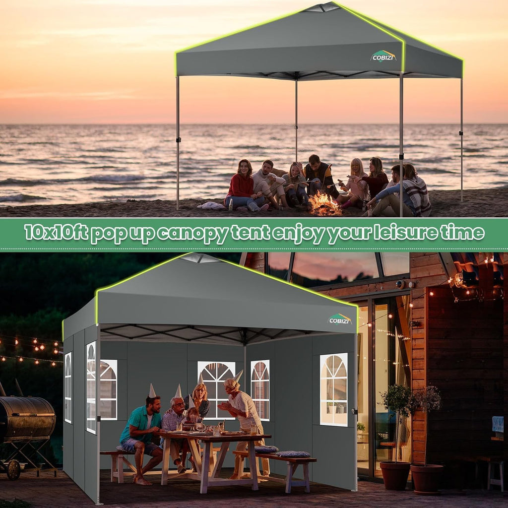 COBIZI 10x10 Pop Up Canopy Tent, Outdoor Party Tent with 4 Sidewall One Push Setup Glow, 3 Adjustable Height Air Vent Waterproof UPF50+, Bag, 4 Sandbag, 8 Stake, 4 Rope for Beach, Commercial