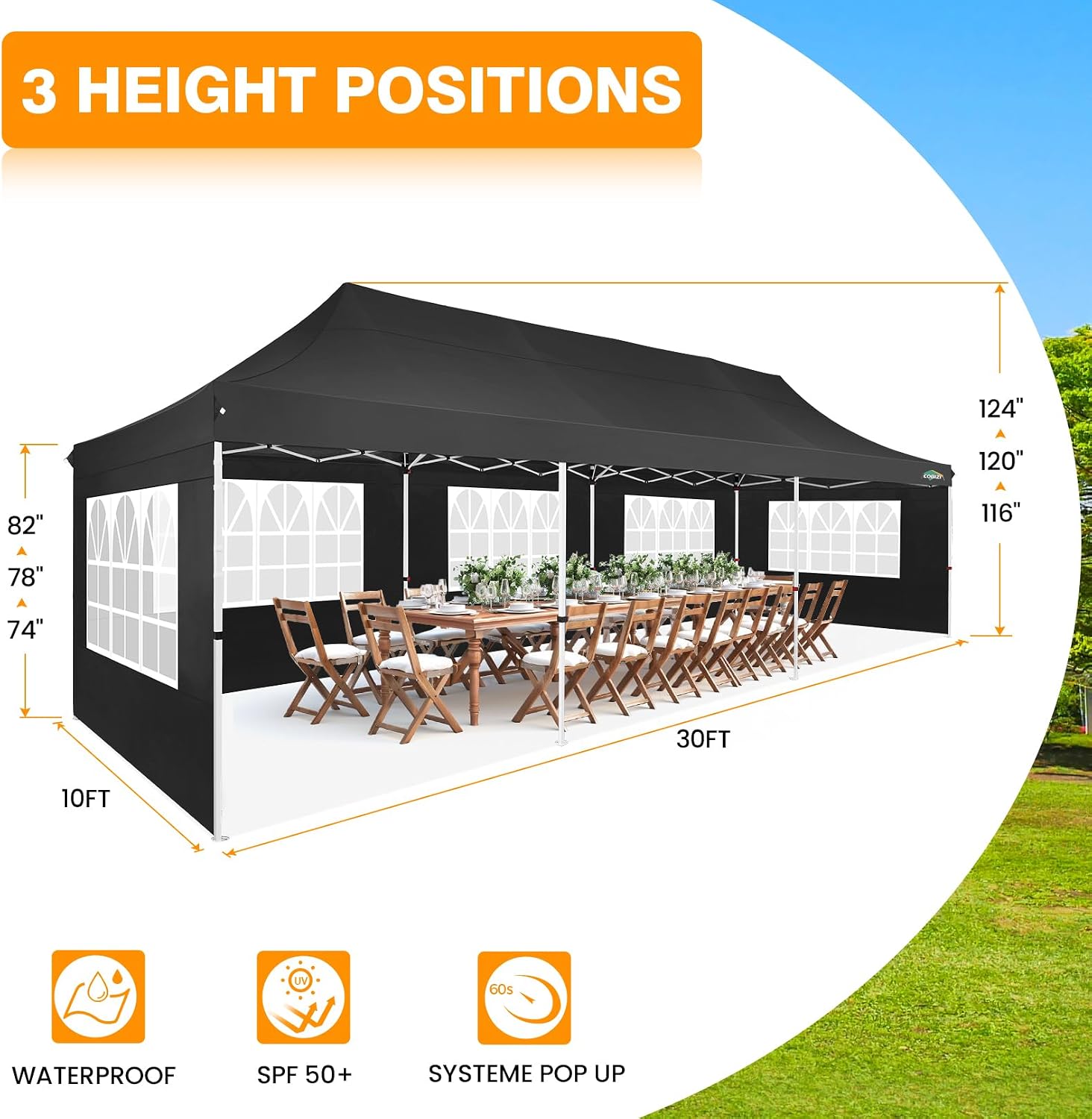 COBIZI 10x30 Pop up Canopy with Roller Bag & 8 Removable Sidewalls, Canopy Tent for Parties, Wedding, and Commercials, Waterproof and Instant Shelter UV50+ Outdoor Gazebo with 4 Sandbags(Pure Black)
