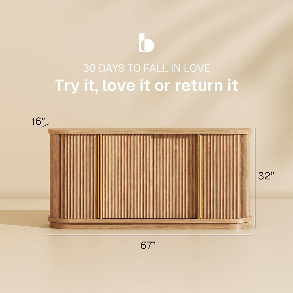 BELLEZE 67' Width 32' Tall Fluted TV Stand, Curved Entertainment Center with Sliding Tambour Doors,Media Console Table for TV up to 75' for Living Room (Camel)