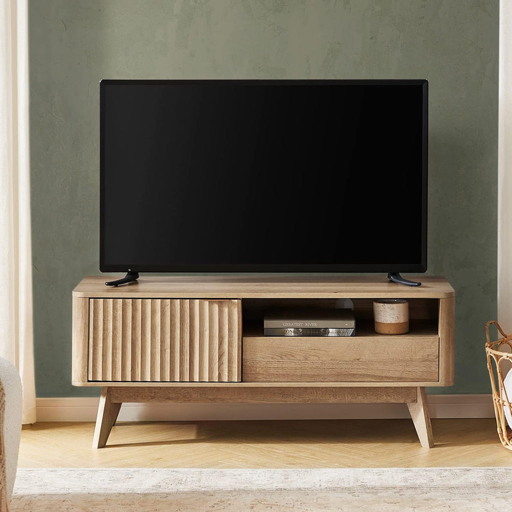 mopio Brooklyn Mid-Century Modern TV Stand, for TVs up to 50' / 59' Waveform Panel, Sleek Curved Profile with Adjustable Shelf and Sturdy Box Frame Leg (Golden Oak, 47')
