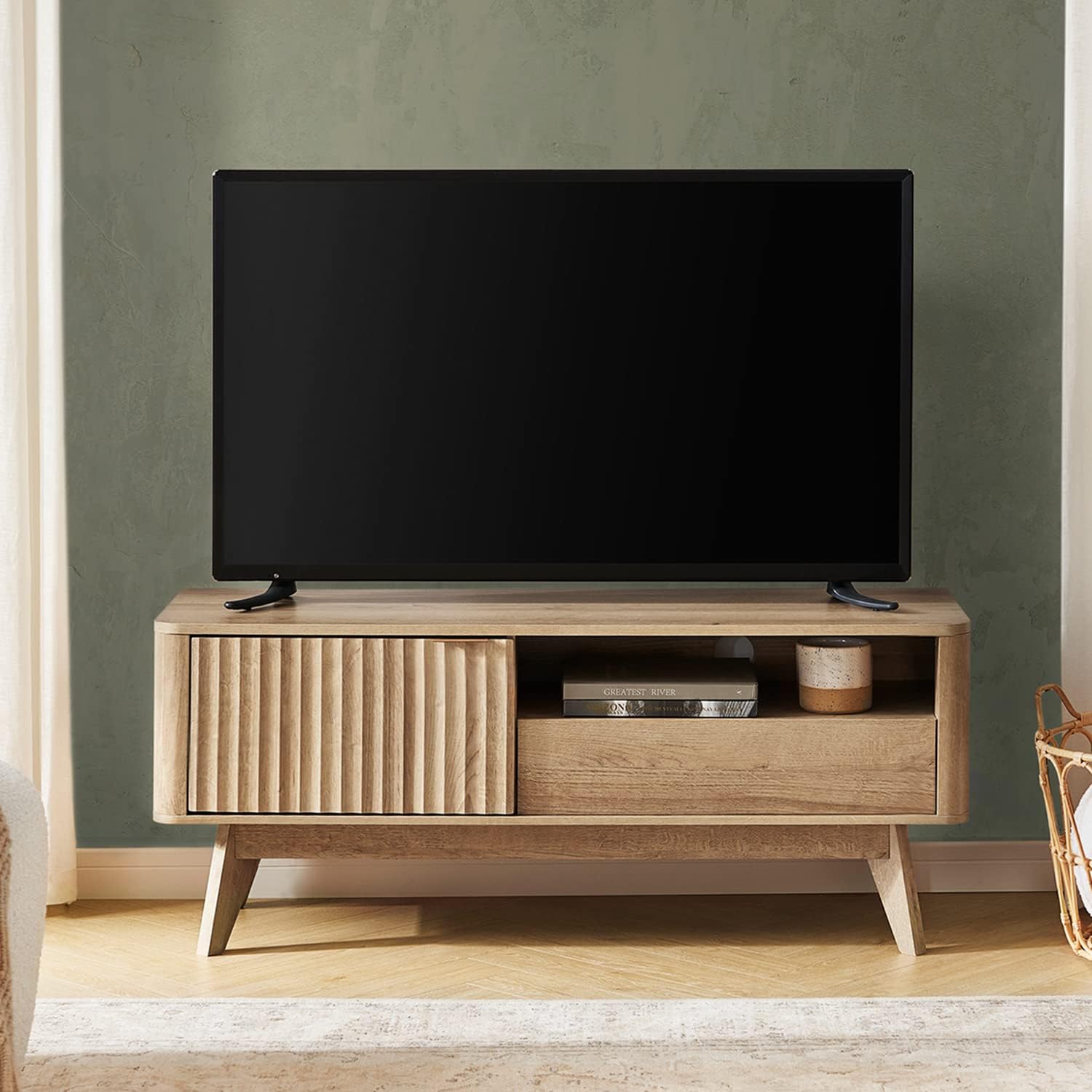 mopio Brooklyn Mid-Century Modern TV Stand, for TVs up to 50' / 59' Waveform Panel, Sleek Curved Profile with Adjustable Shelf and Sturdy Box Frame Leg (Golden Oak, 47')