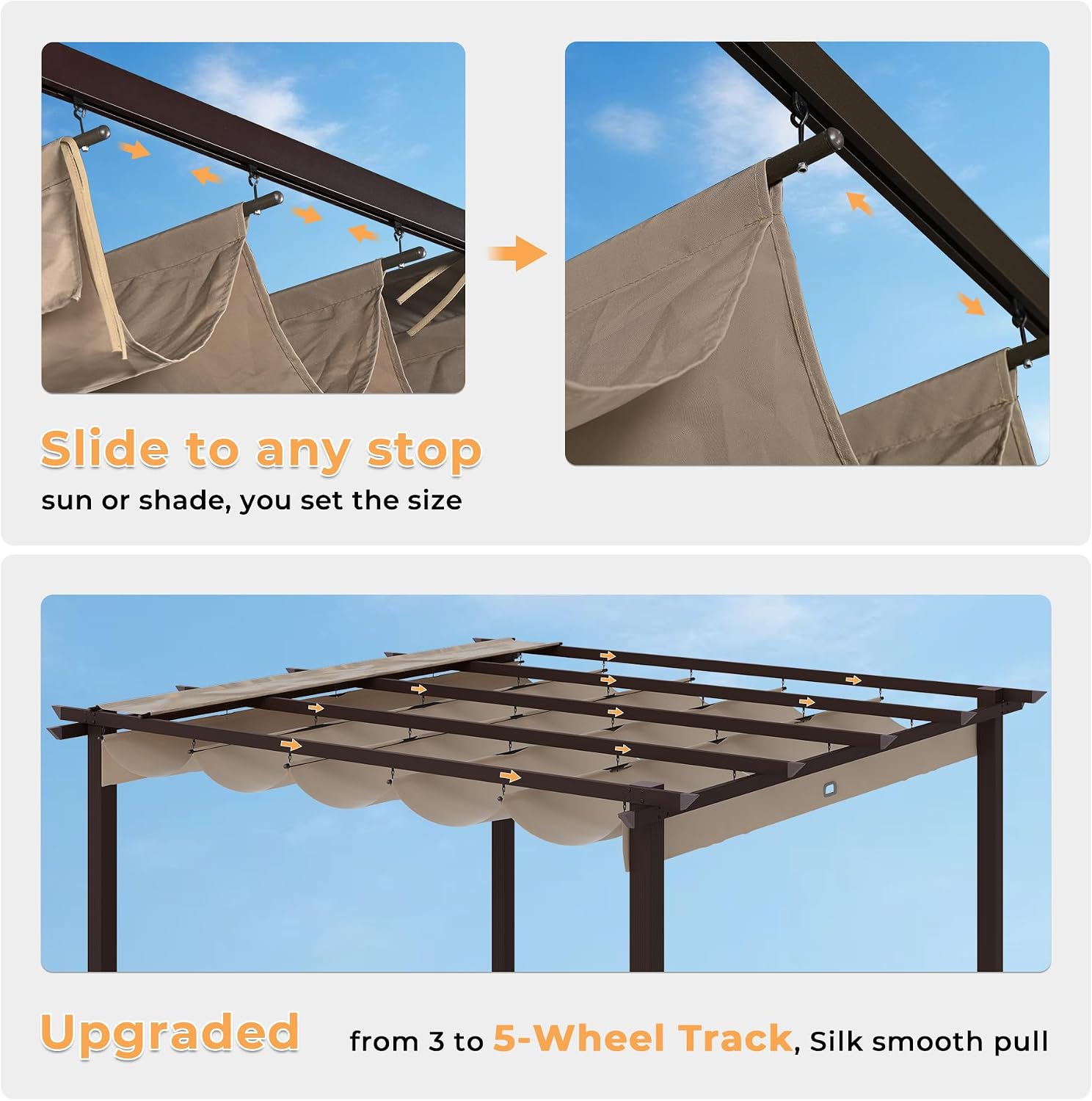HAPPATIO 10' X 13' Retractable Pergola with Sun Shade Canopy, Patio Aluminum Frame Shelter for Backyards, Gardens, Porch, Includes Ground Studs and Expansion Screws (Brown)