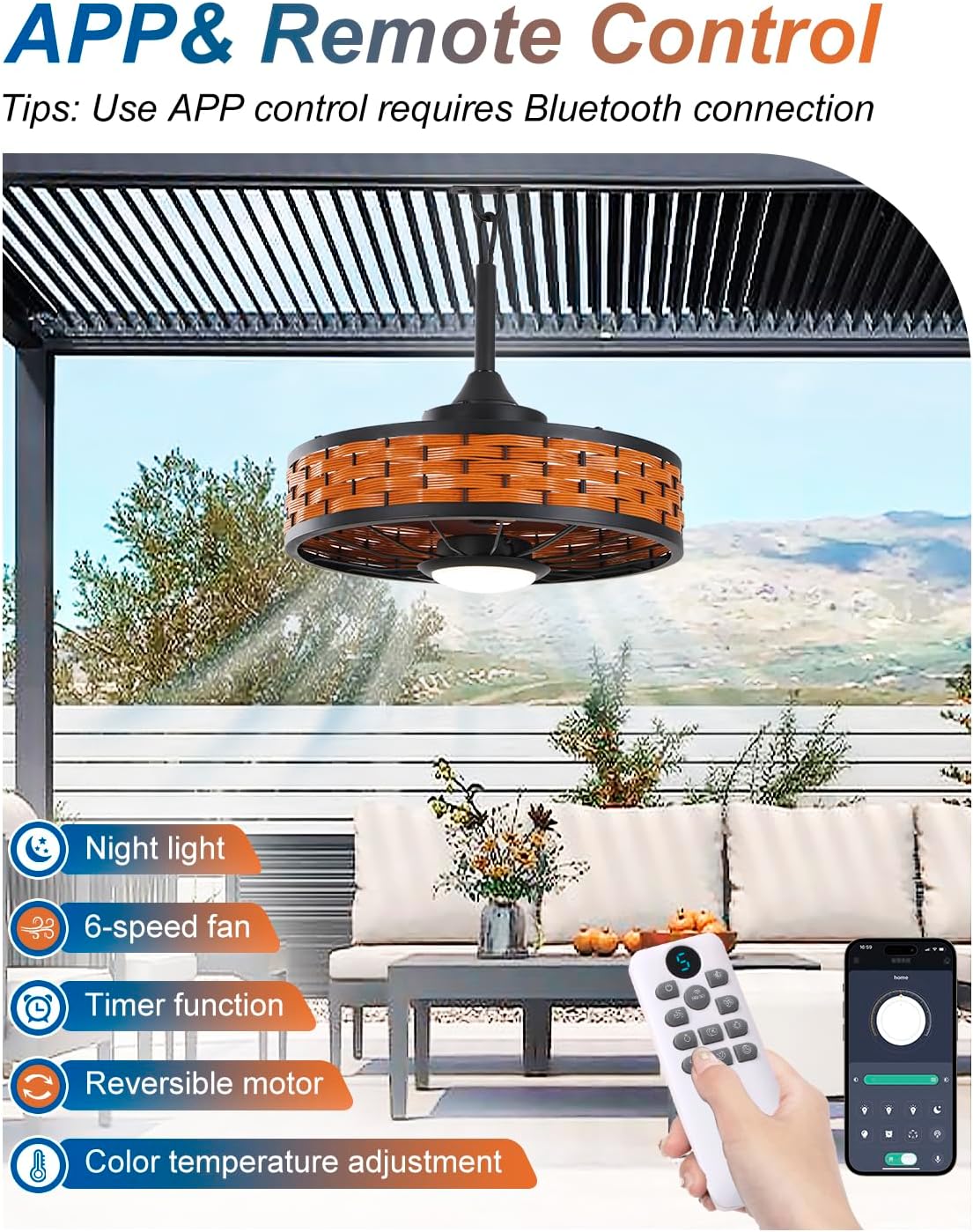 Outdoor Ceiling Fans with Light for Patios, 20' Weatherproof Gazebo Fan with Hanging Hook, Remote Control & APP, 6 Speeds, 3CCT, Caged Plug in Ceiling Fan for Patio