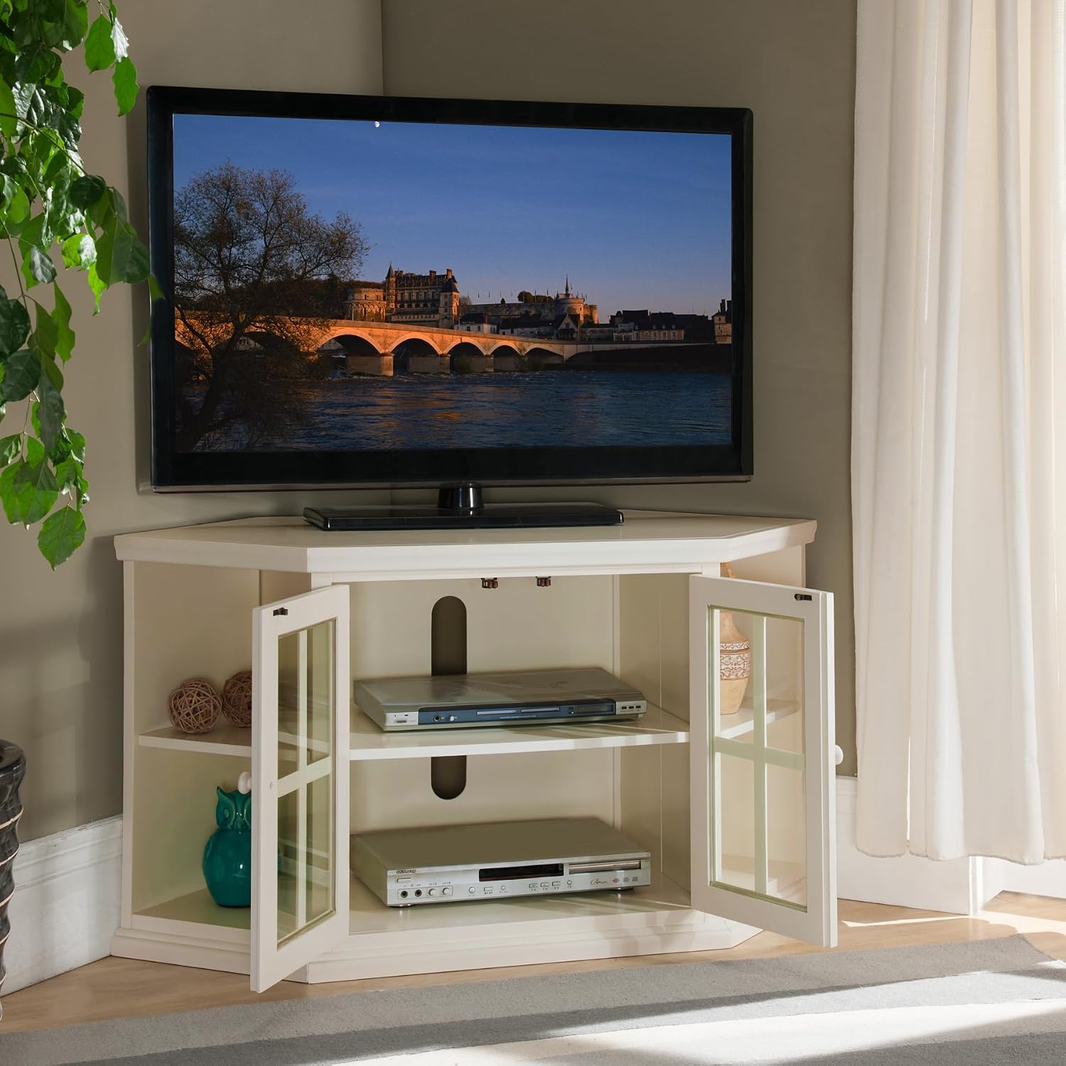 Leick Home Maelyn Corner TV Stand, for 50 in. TV, with Book Cases and Glass Doors, Cottage White, 85287