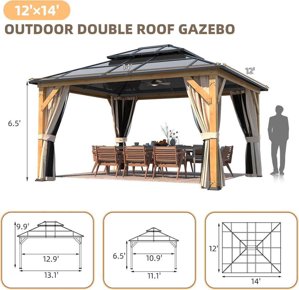 YOLENY 12'x14' Hardtop Wood Outdoor Gazebo, Polycarbonate Double Roof, Netting and Curtains, Patio Gazebo for Decks, Backyards, Lawns and Gardens