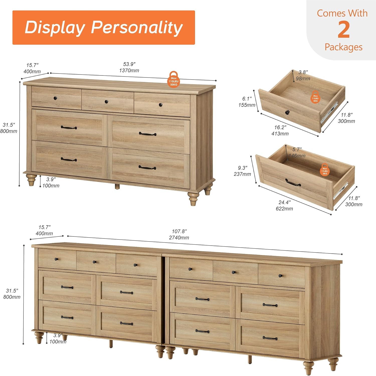 Wampat Large TV Stand for 100 Inch TV, Set of 2 Console Table with 14 Drawers, Wide Media Storage Dresser for Living Room, Oak, 108 Inch