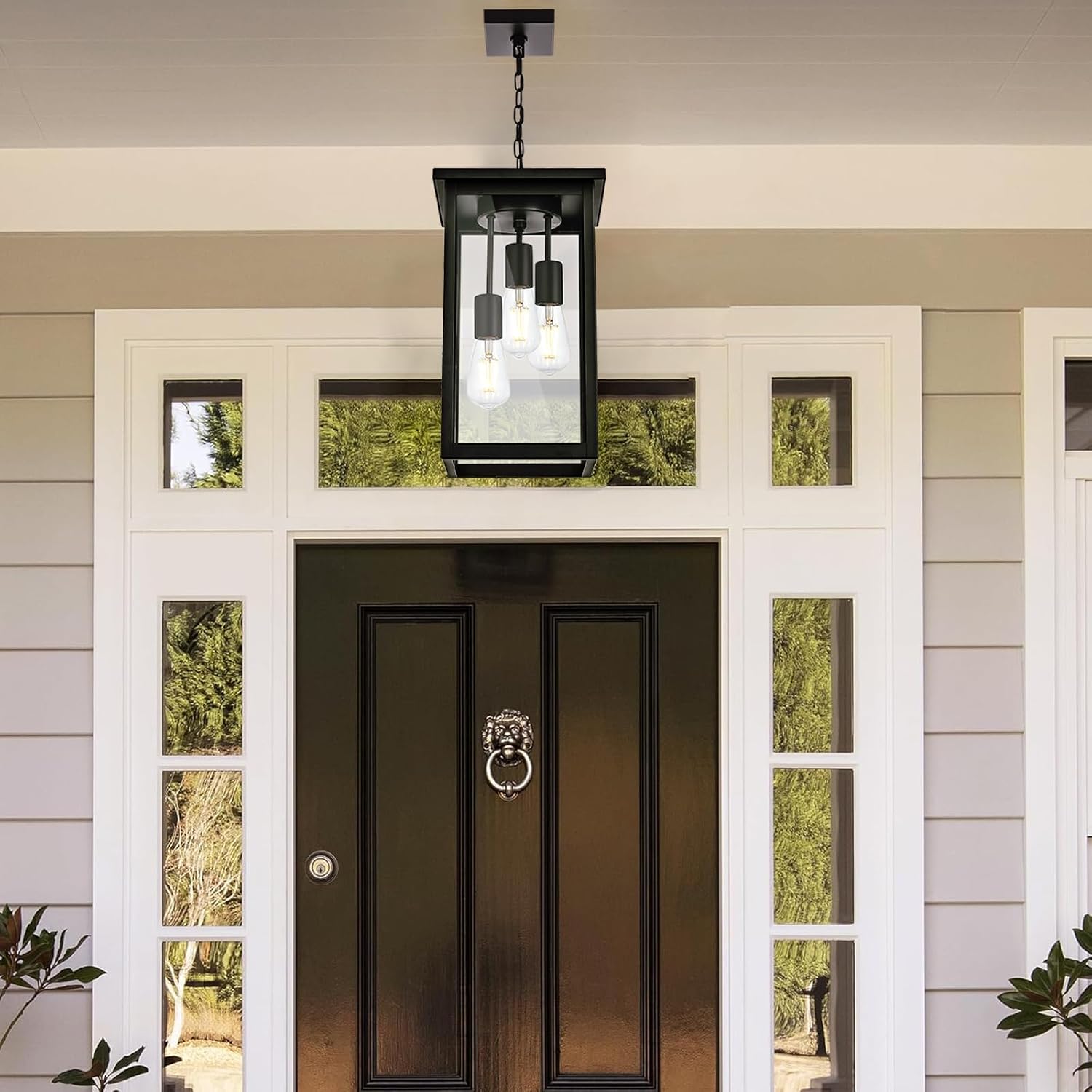 17'' Large Outdoor Pendant Light, 3-Lights Matte Black Exterior Hanging Lantern with Clear Glass, Outdoor Chandelier Ceiling Light Fixture for Porch, Patio, Gazebo, Entryway