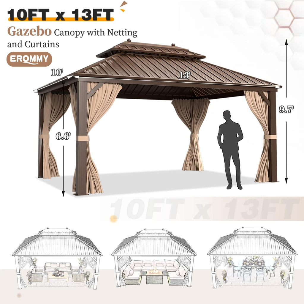 EROMMY 10'x13' Hardtop Gazebo Double Roof Galvanized Steel Canopy Outdoor Aluminum Frame Permanent Metal Pavilion with Netting and Curtains for Patio Backyard Deck and Lawns
