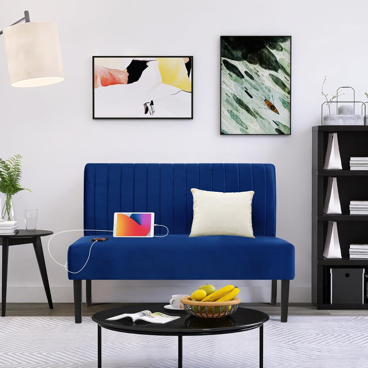STHOUYN Mini Comfy Couch Armless Loveseat Sofa with USB Port, Velvet Couches for Small Spaces Living Room, Apartment Office Dorm (Navy Blue)